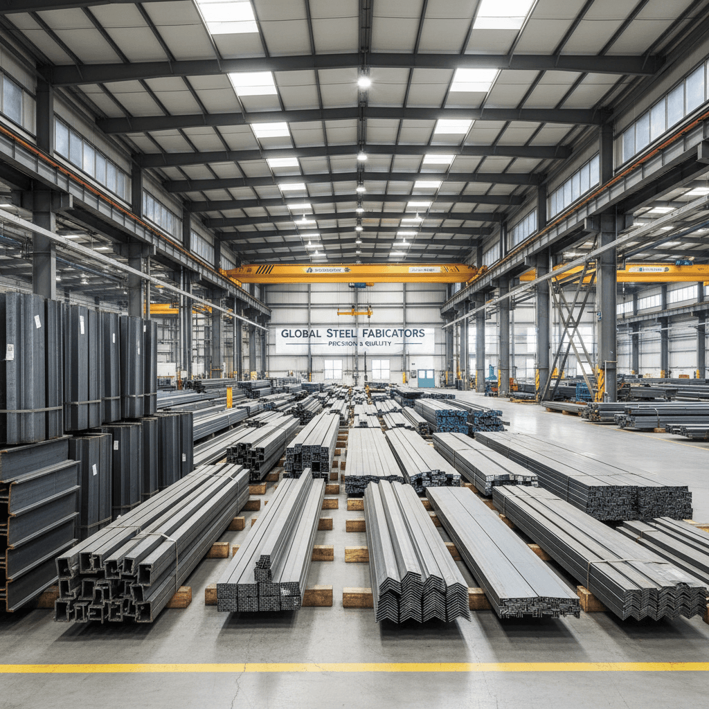 Interior of a metal manufacturing facility with steel products ready for shipment