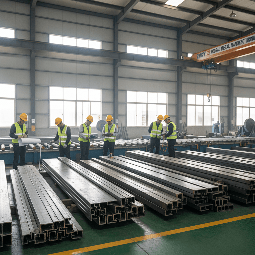 Industrial workshop with structural steel products and workers inspecting them