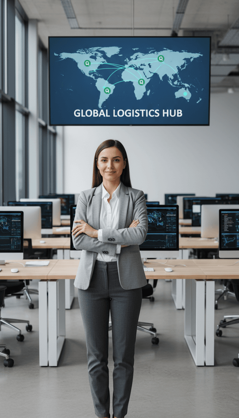 Professional female logistics coordinator standing in modern dispatch center with digital tracking screens visible in background