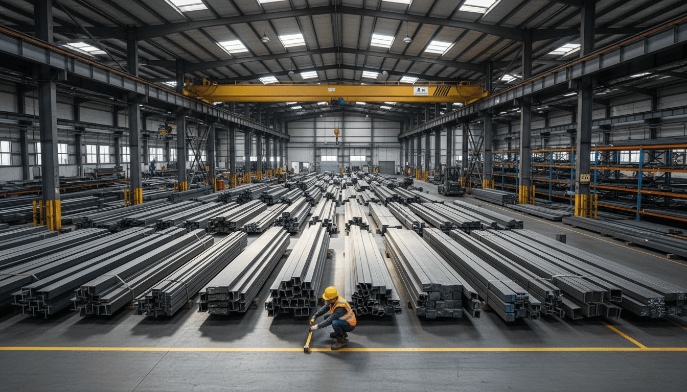 Organized steel inventory including I-beams, channel steel, and angle steel products
