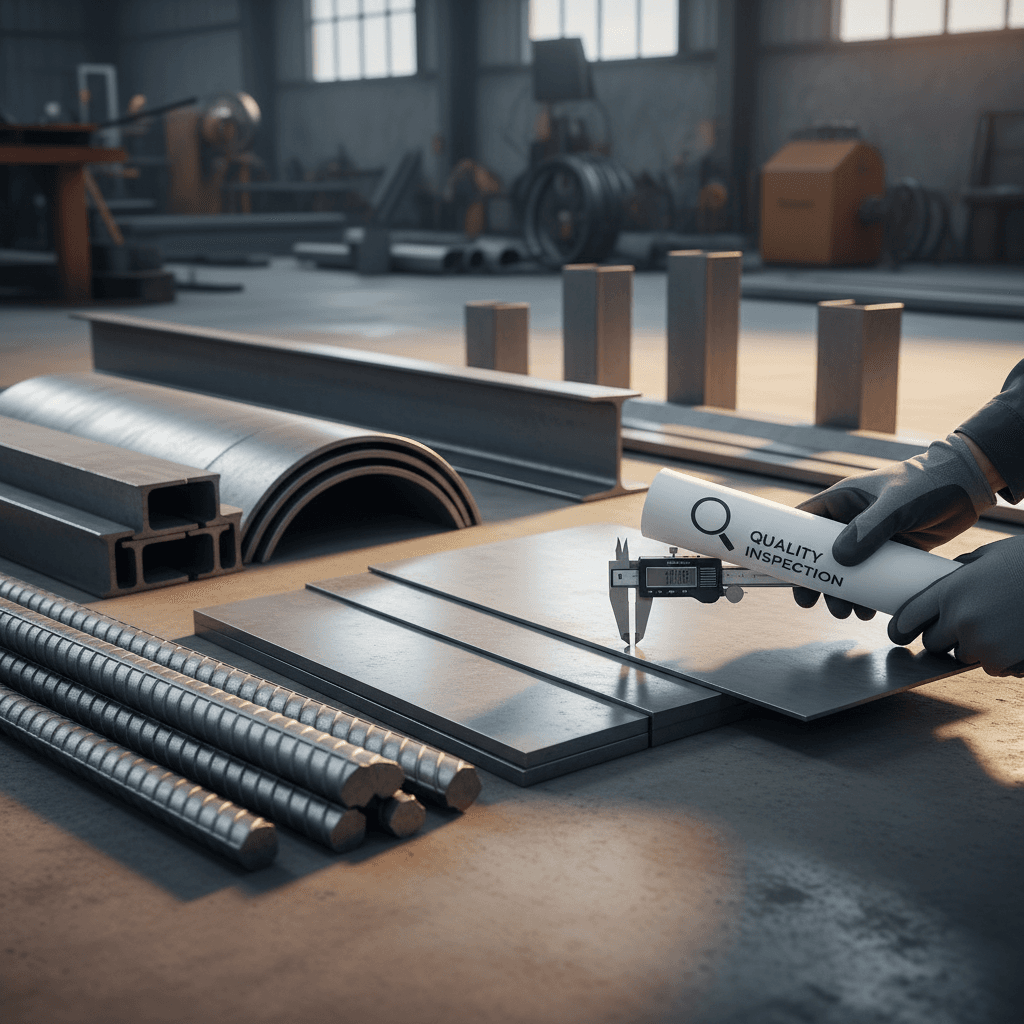 Close-up of assorted steel products including TMT bars, plates, and channels with worker hands performing quality inspection