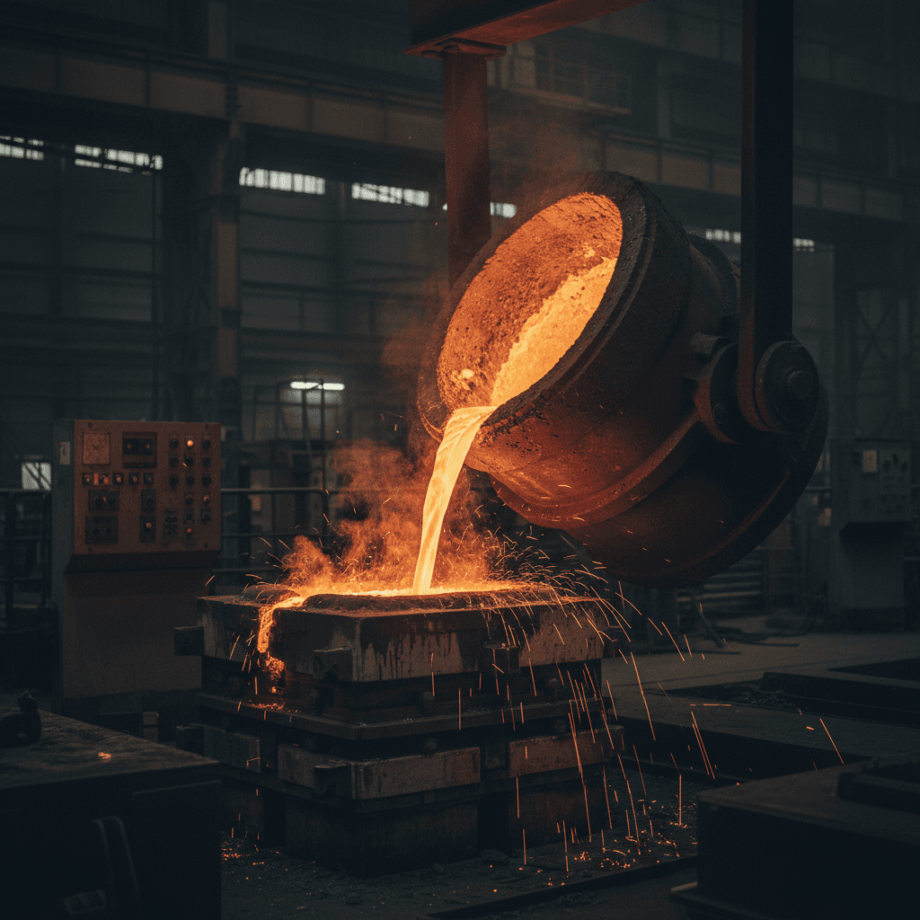 Molten steel pouring from industrial ladle with dramatic orange glow and heat waves in foundry