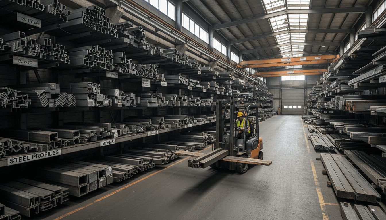 Forklift operator in yellow vest moving steel beams in organized warehouse filled with stacked metal inventory and profiles