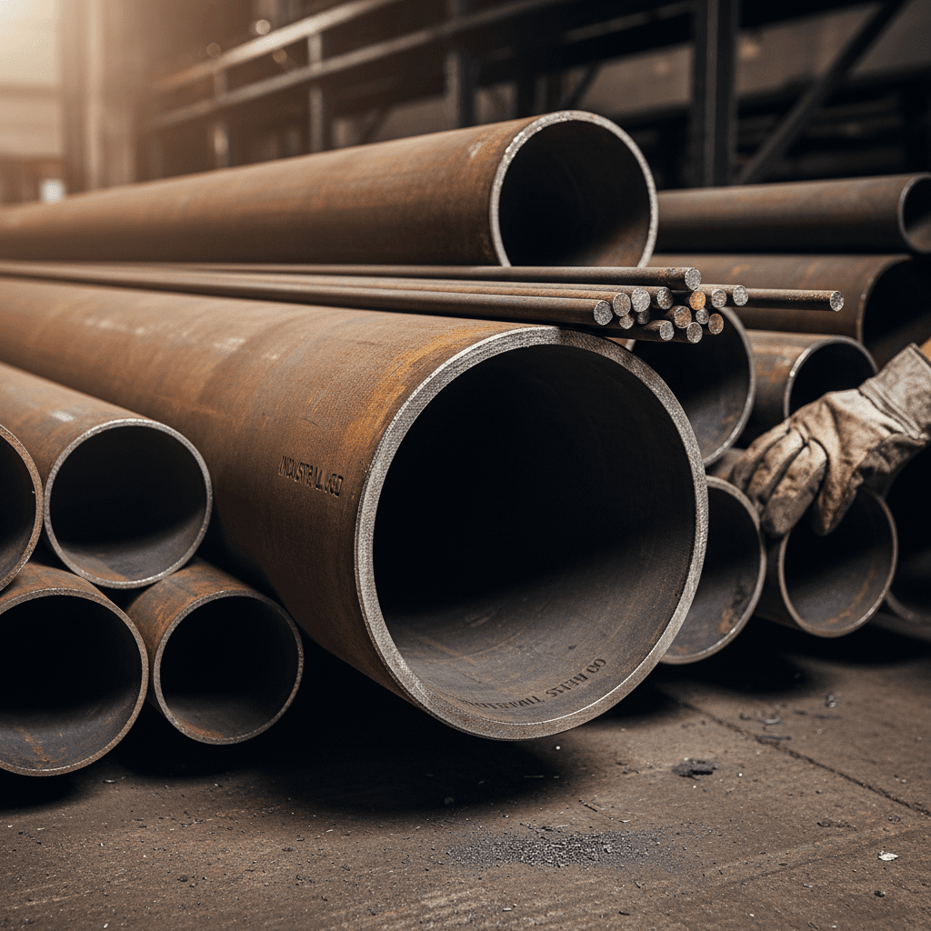 Close-up of stacked steel pipes showing material texture, rust patina, and quality, with worker's gloved hand for scale