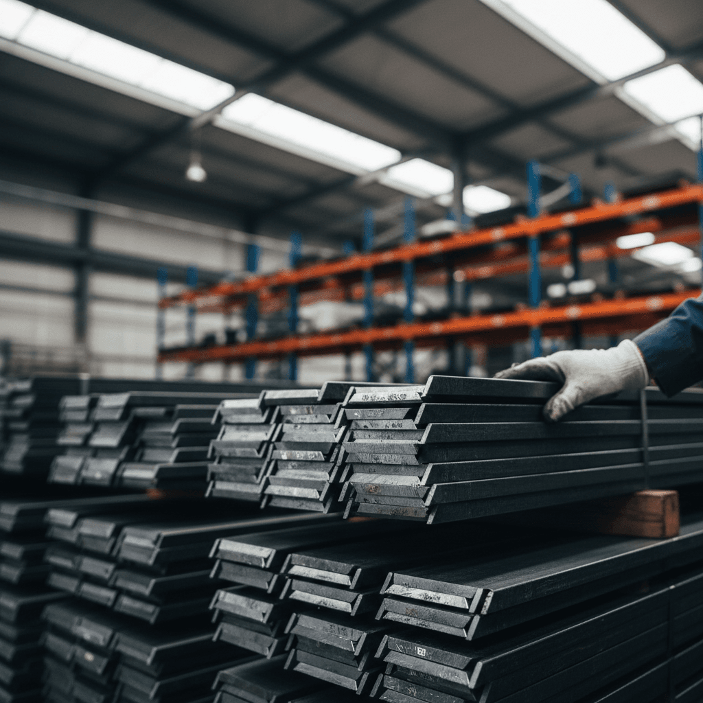 Close-up of stacked heavy gauge wear-resistant steel plates in organized warehouse with gloved hand demonstrating material quality