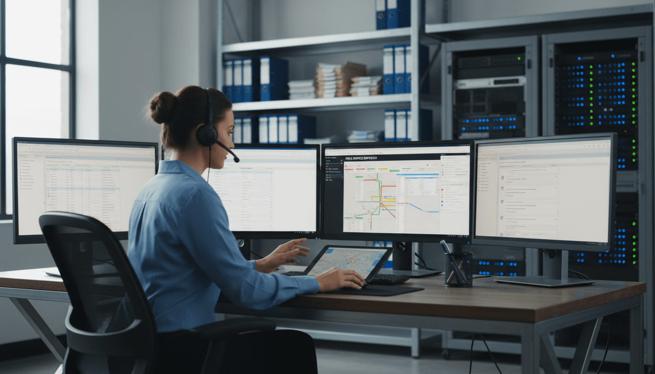 HVAC service coordinator at office desk managing scheduling and customer service with multiple computer monitors