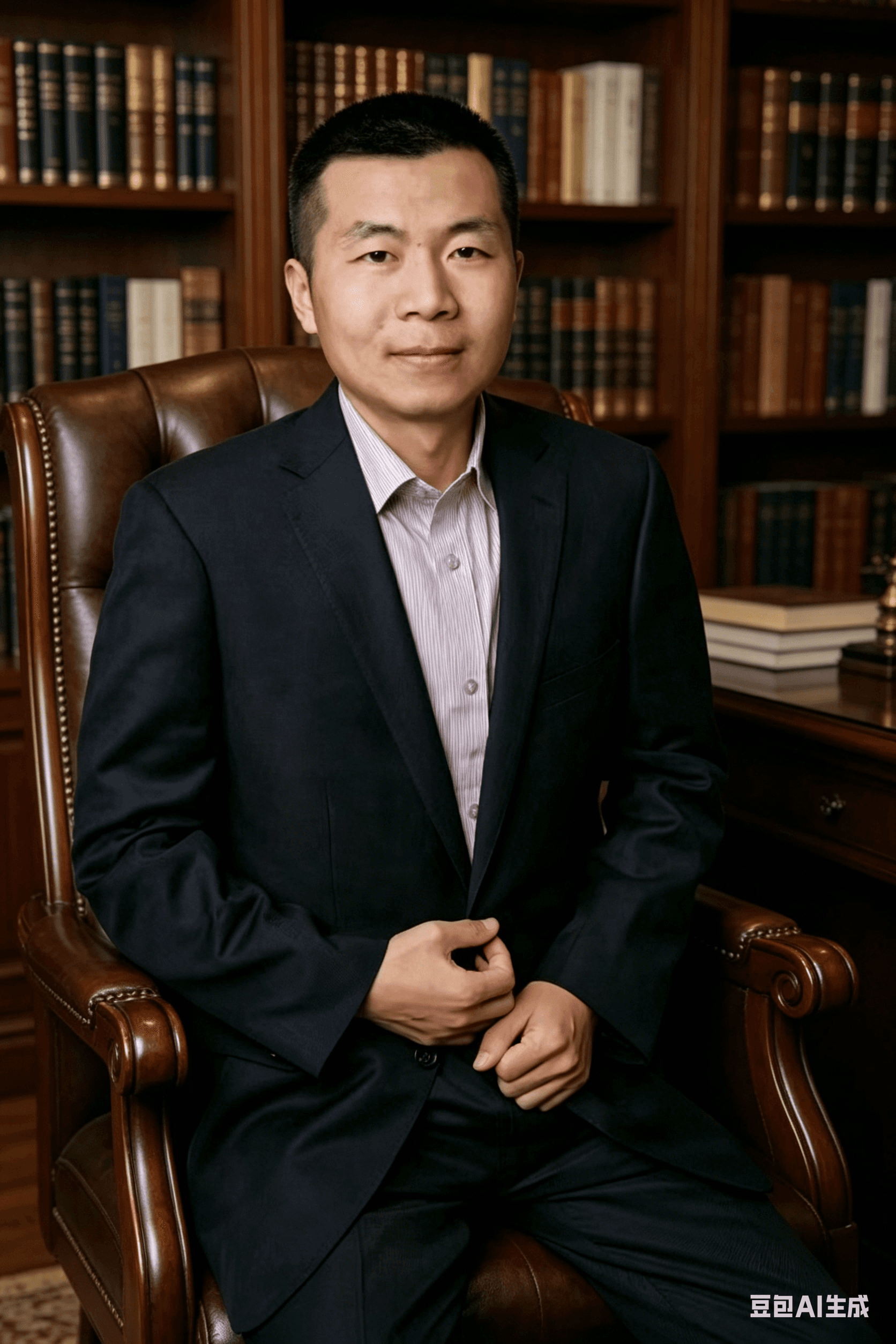 Professional man in a navy suit sitting in a leather armchair before a bookshelf.