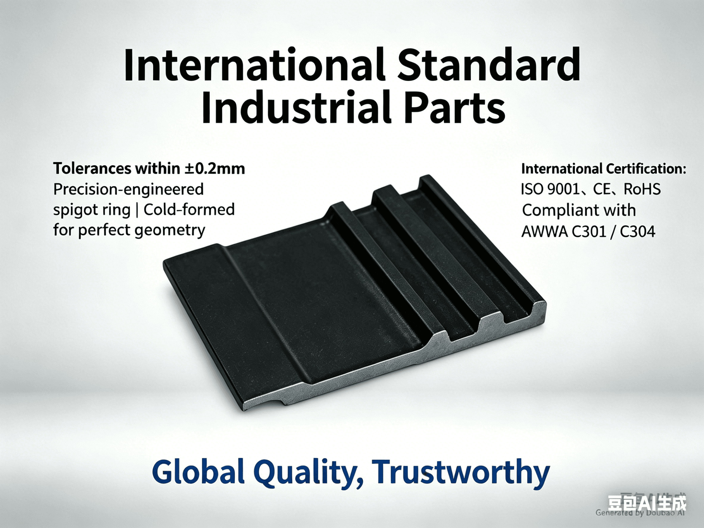 Precision-engineered black industrial spigot ring part with text detailing international standards and quality certifications.