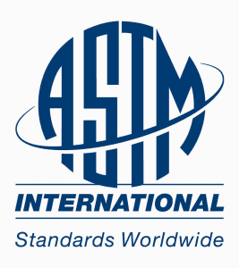 Blue ASTM International logo with stylized circular letters, an orbital ring, and Standards Worldwide text.