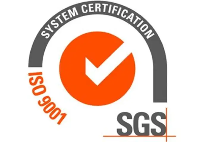 SGS ISO 9001 System Certification logo with a white checkmark inside an orange circle.