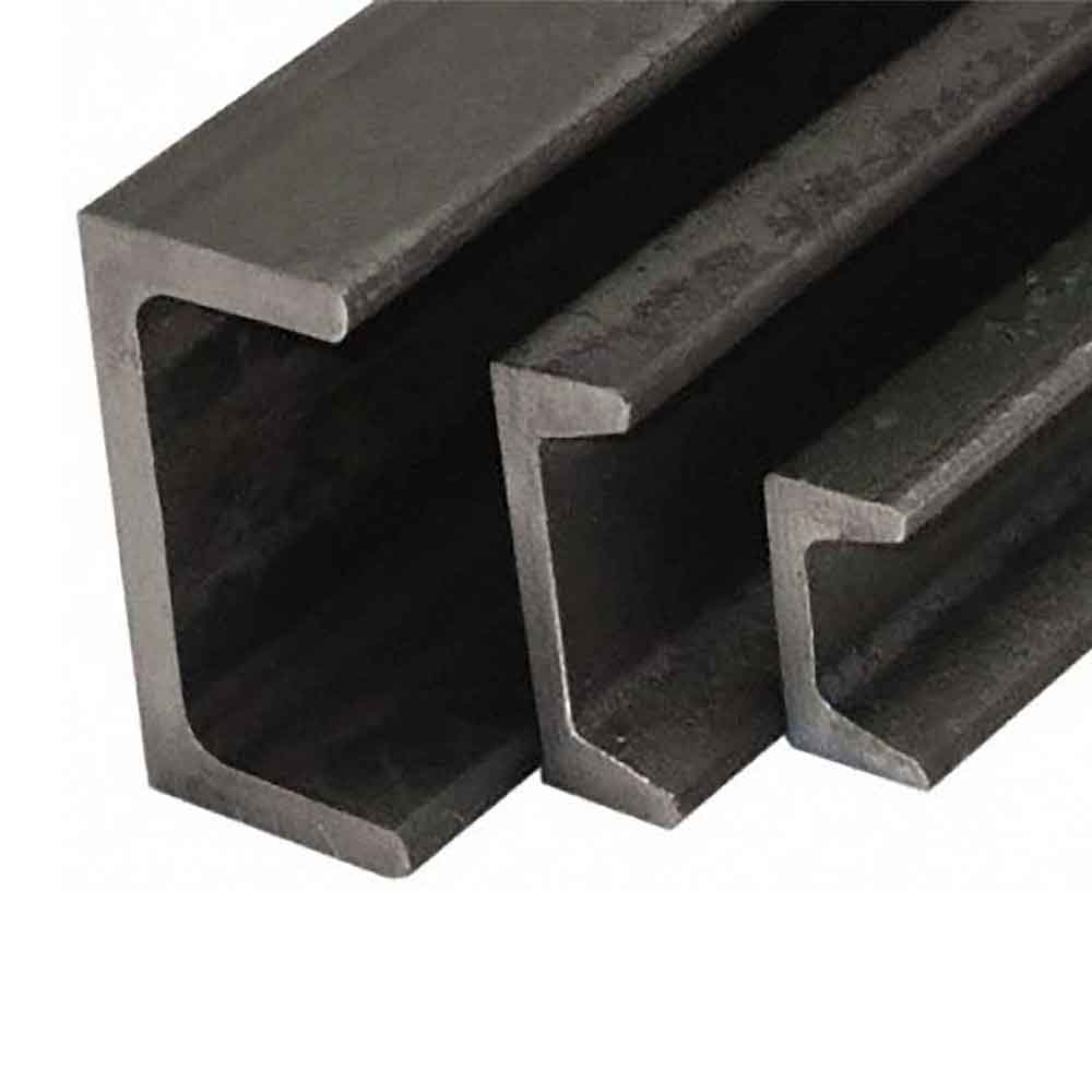 Three dark gray industrial steel channel beams of different sizes arranged in a row.