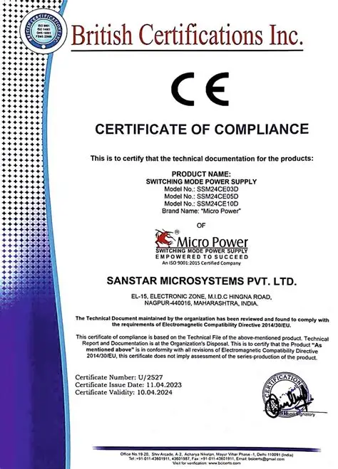 CE Certificate of Compliance for Micro Power switching mode power supplies by Sanstar Microsystems.
